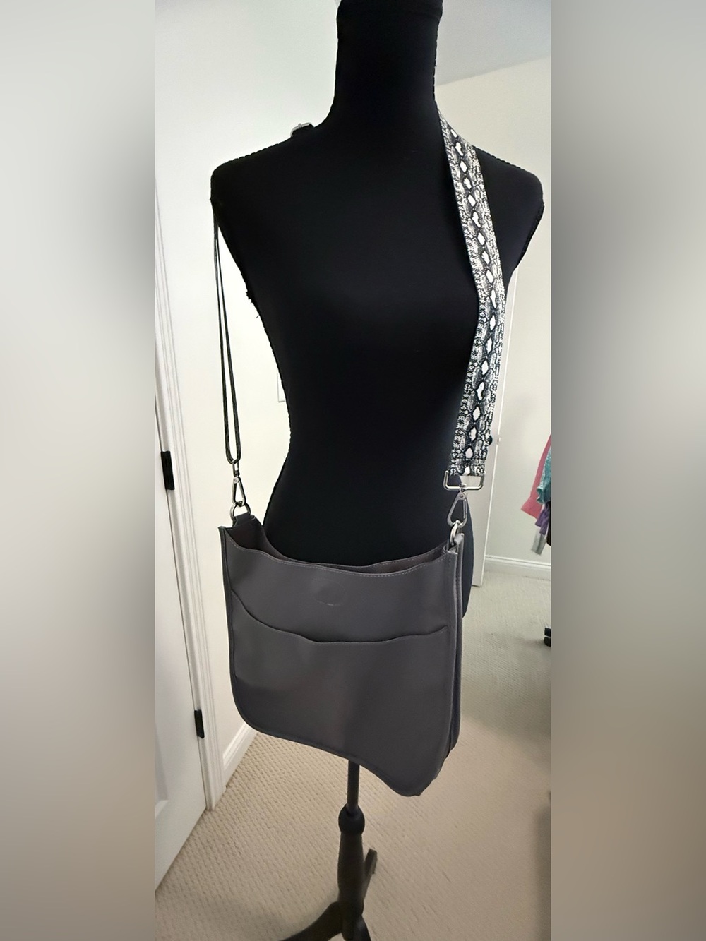 Everyday Gray Crossbody Bag with Decorative Strap